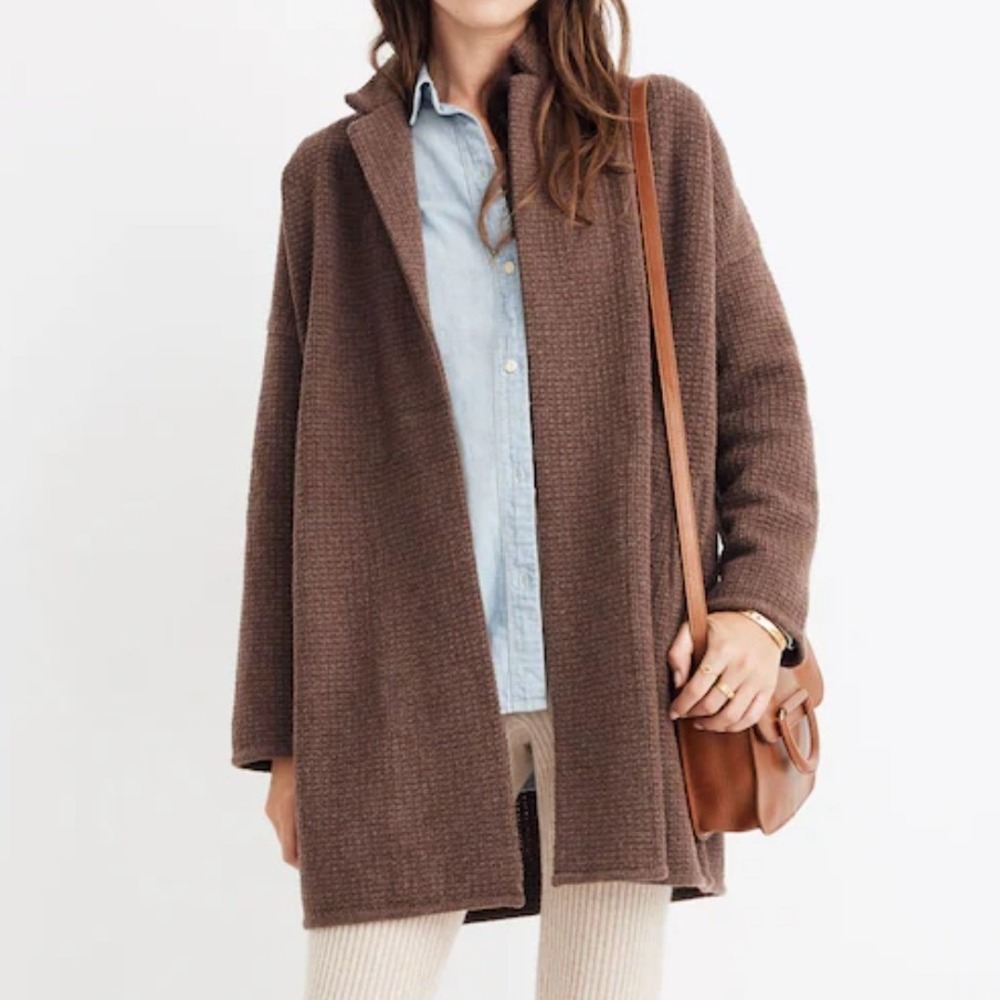 Madewell Chilton Sweater Coat Brown Merino Wool Waffle Stitch Open Front Large